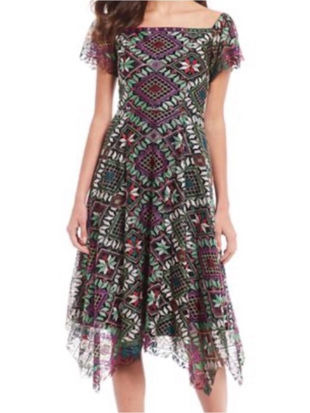 Alex Marie Veronica Embroidered‎ Dress Black Purple Square Neck Asymmetrical Hem